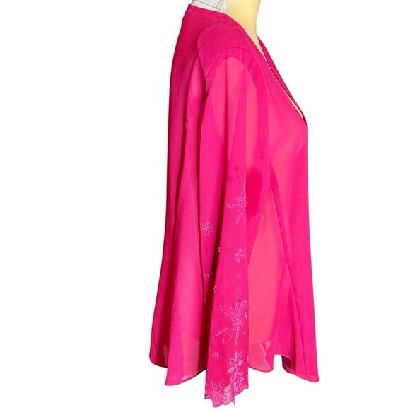 Hot Pink Chiffon Open Front  Kimono Style Coverup Sz XL Embroidered Sleeve Fancy - Picture 3 of 6